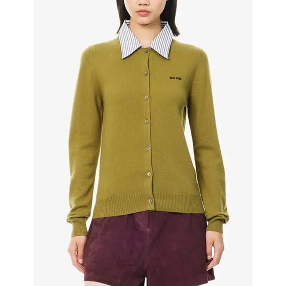 Miu Miu striped-collared knitted-logo cashmere cardigan - Picture 3 of 14